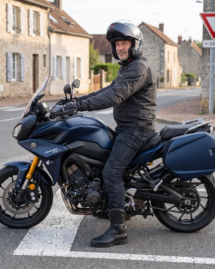 Motoros áll a STOP táblánál, talpa teljesen leér, az ülésén SelleZen párna