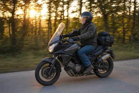 Motoros megpakolt túramotoron, hosszú úton naplementében